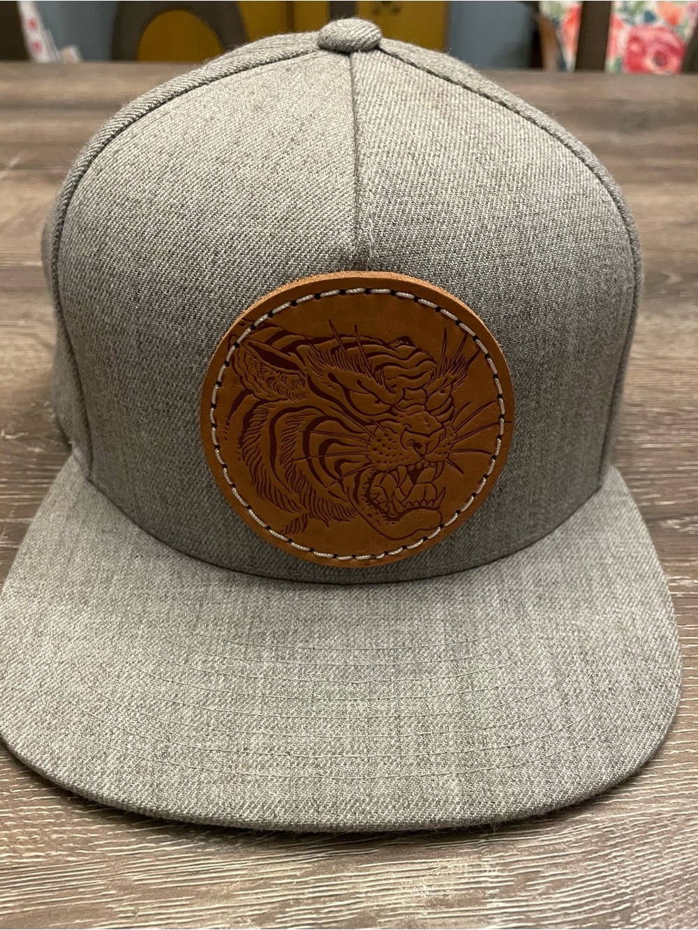 Snapback Hat Grey with Brown Leather Tiger Patch - Limited Edition
